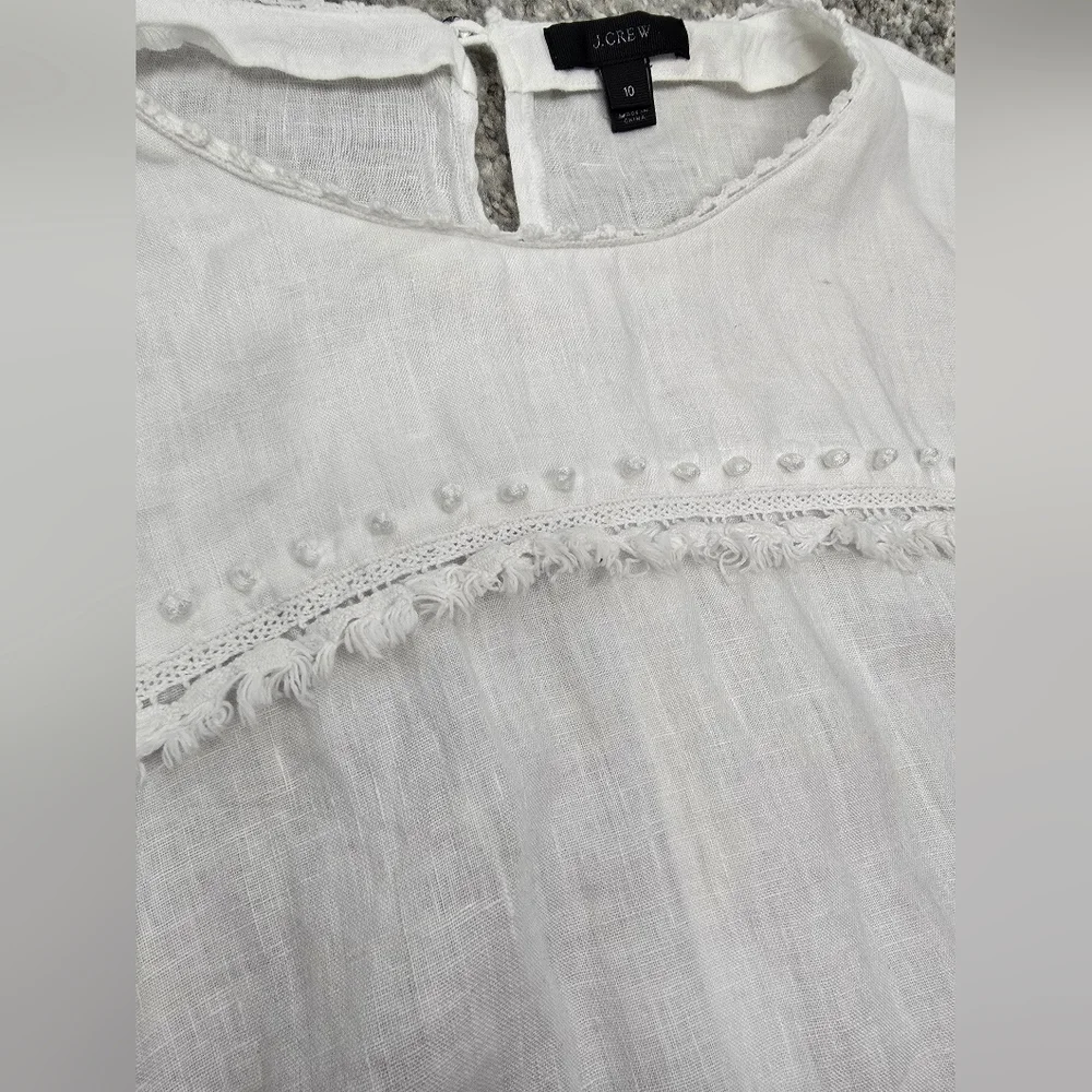 J. Crew White Linen Fringe French Knot Boxy Beachy Long Sleeve Top sz 10
